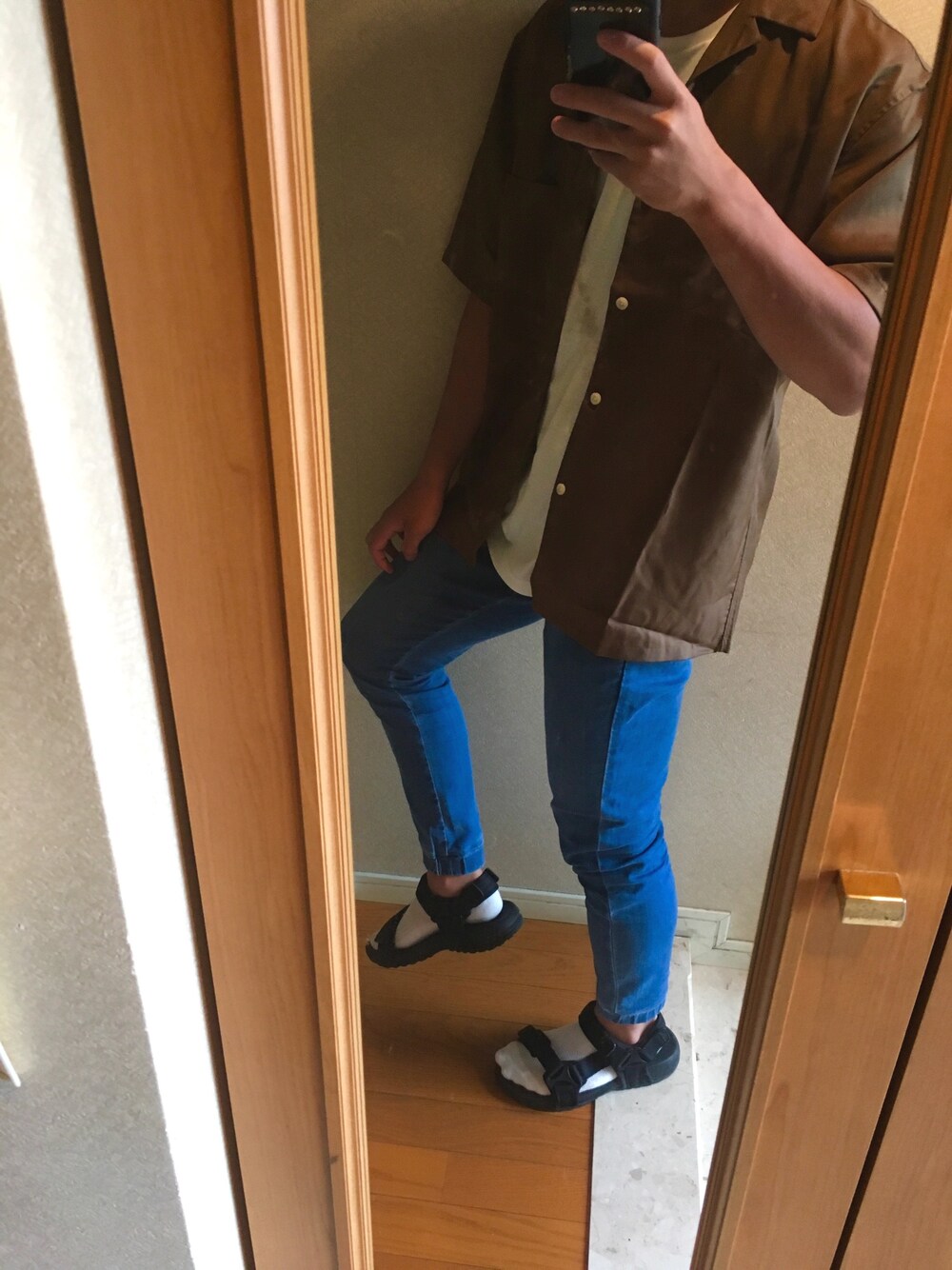 「UNIQLOのオープンカラーシャツ（半袖）（シャツ/ブラウス、グリーン系）」を使った、Takutoさん（メンズ・167cm）の夏コーディネートの1枚目の写真