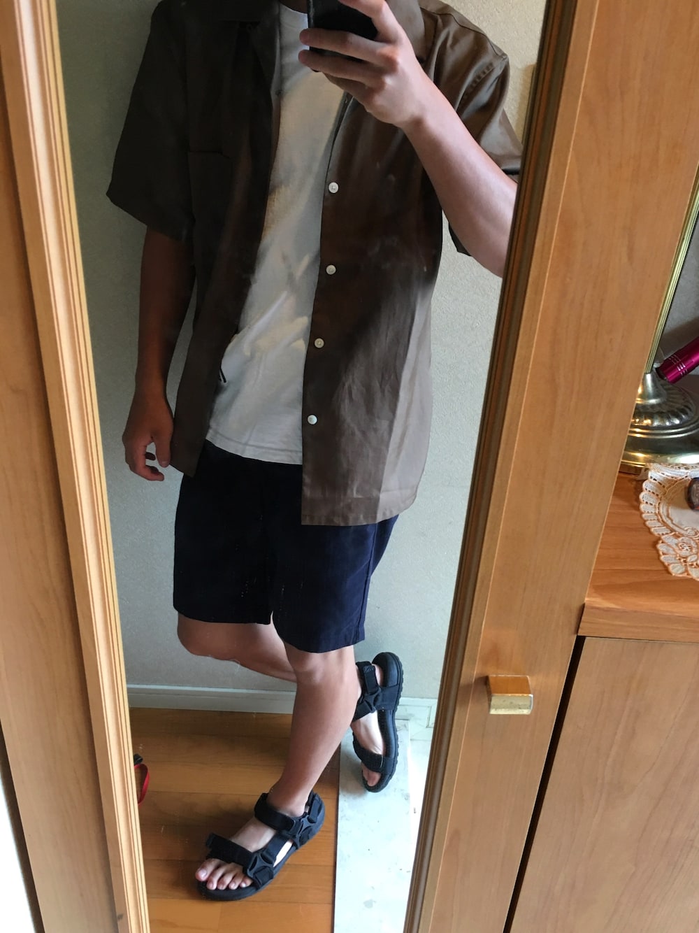 「UNIQLOのオープンカラーシャツ（半袖）（シャツ/ブラウス、グリーン系）」を使った、Takutoさん（メンズ・167cm）の夏コーディネートの1枚目の写真