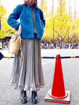 「アイテム（ノーカラージャケット）」を使った、JUNKOさん（レディース・168cm）の冬コーディネート