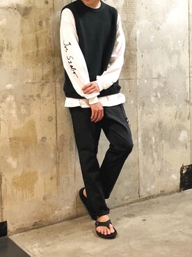 「袖プリント」｜「アイテム（サンダル）」を使った、SUDOさん（メンズ・186cm）の夏コーディネート