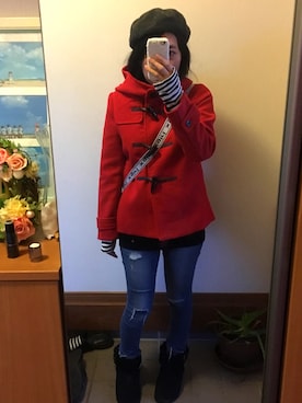 「アイテム（ダッフルコート、レッド系）」を使った、Sayaさん（レディース・152cm）の冬コーディネート