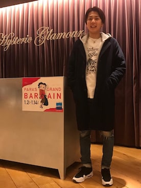 「hystericglamour」｜「アイテム（チェスターコート）」を使った、北ちゃんさん（メンズ・172cm）の冬コーディネート