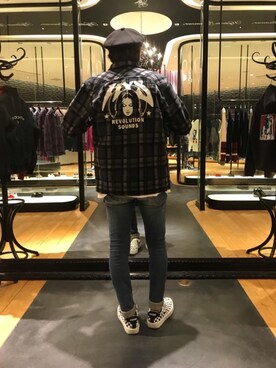 「HYSTERIC GLAMOUR（ヒステリックグラマー）のREVOLUTION SOUNDS刺繍 CPOシャツ（シャツ/ブラウス）」を使った、北ちゃんさん（メンズ・172cm）の秋コーディネート