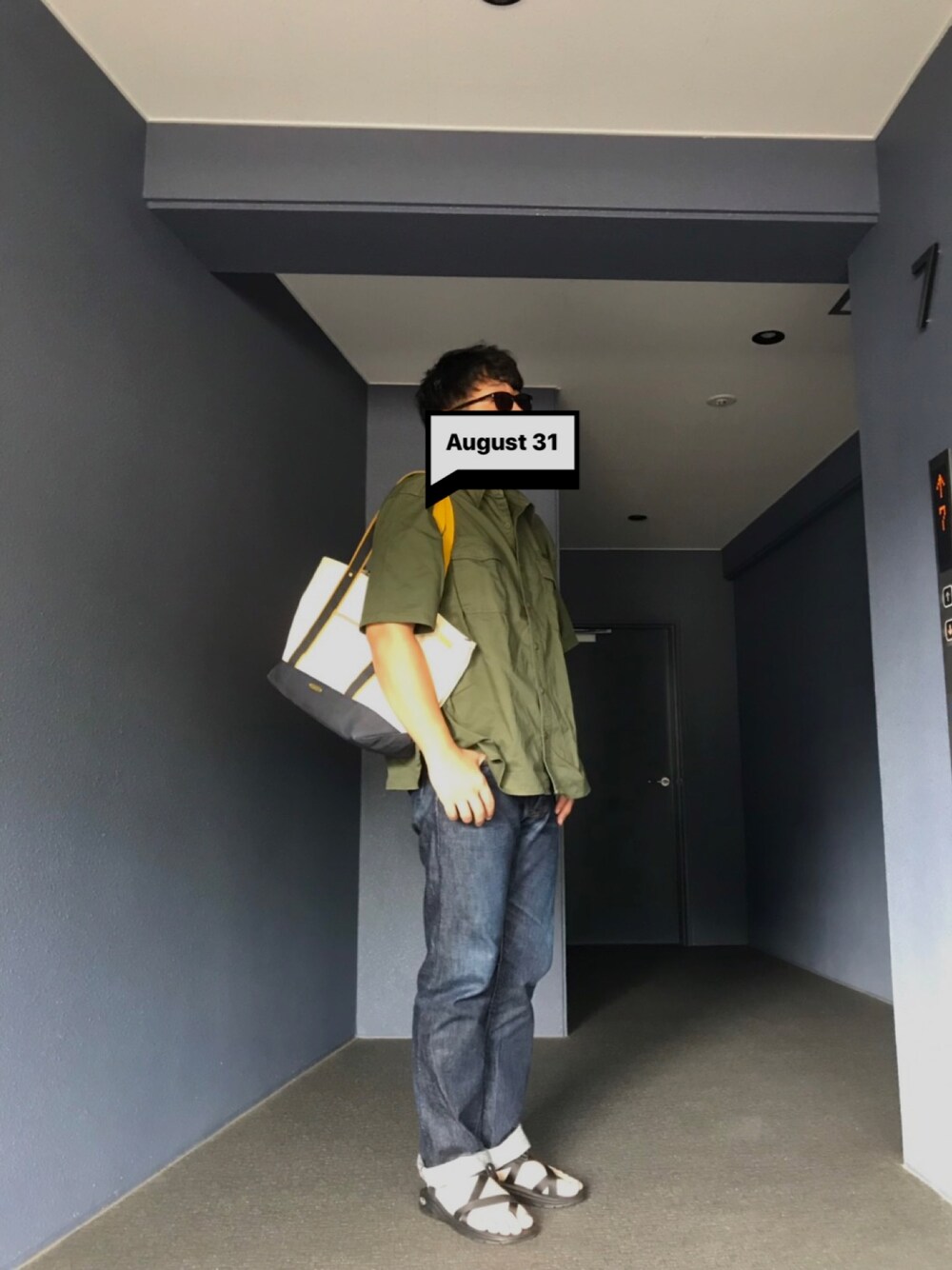 「マスターピース、チャコ、桃太郎ジーンズ」｜「no brandのアイテム（シャツ/ブラウス、グリーン系）」を使った、かづをさん（メンズ・178cm）の夏コーディネートの1枚目の写真