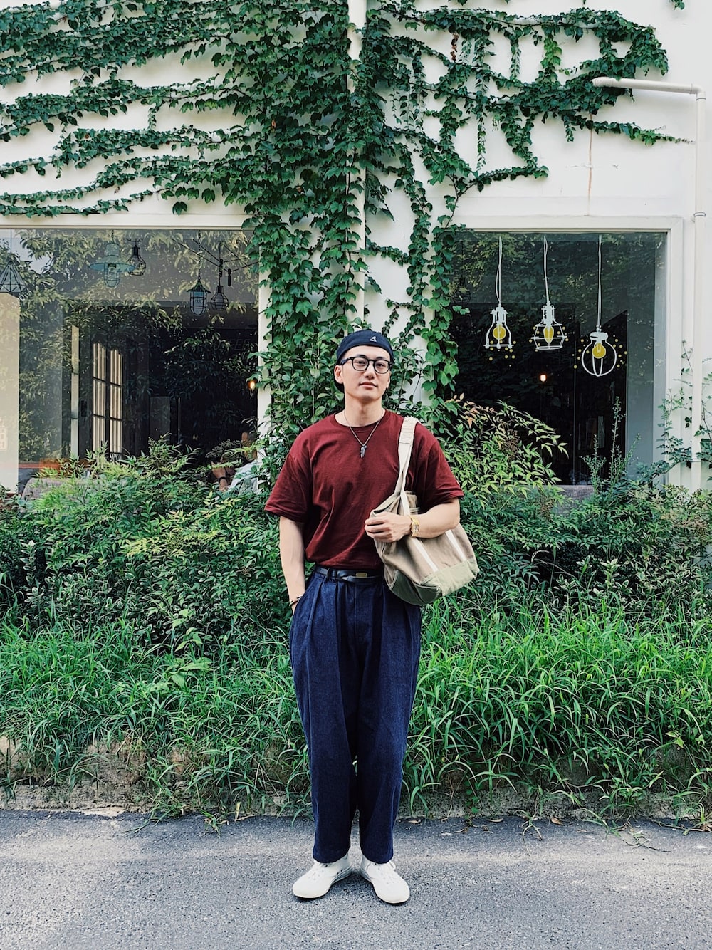 「复古、夏、日系极简」｜「Championのアイテム（Tシャツ/カットソー、レッド系）」を使った、Nickokoさん（メンズ・181cm）の夏コーディネートの1枚目の写真
