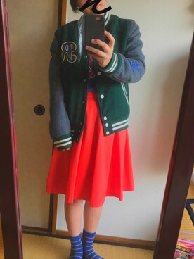 「Rodeo Crowns（ロデオクラウンズ）のアイテム（スタジャン）」を使った、颯花さん（レディース・160cm）の秋コーディネート