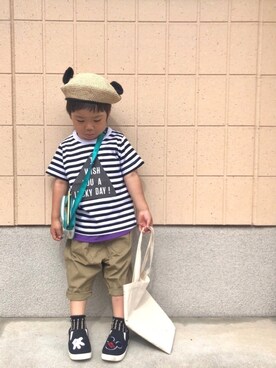 「SHOO・LA・RUE（シューラルー）の【80-130cm】メッセージTシャツ（Tシャツ/カットソー）」を使った、hinataさん（キッズ・100cm）の夏コーディネート