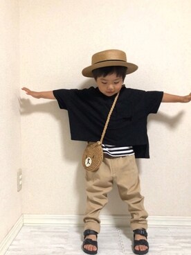 「SHOO・LA・RUE（シューラルー）の【80-130cm】メッセージTシャツ（Tシャツ/カットソー）」を使った、hinataさん（キッズ・100cm）の夏コーディネート