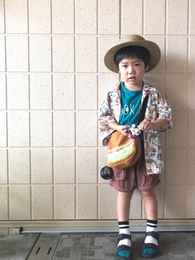 「SHOO・LA・RUE（シューラルー）の【80-130cm】メッセージTシャツ（Tシャツ/カットソー）」を使った、hinataさん（キッズ・92cm）の夏コーディネート