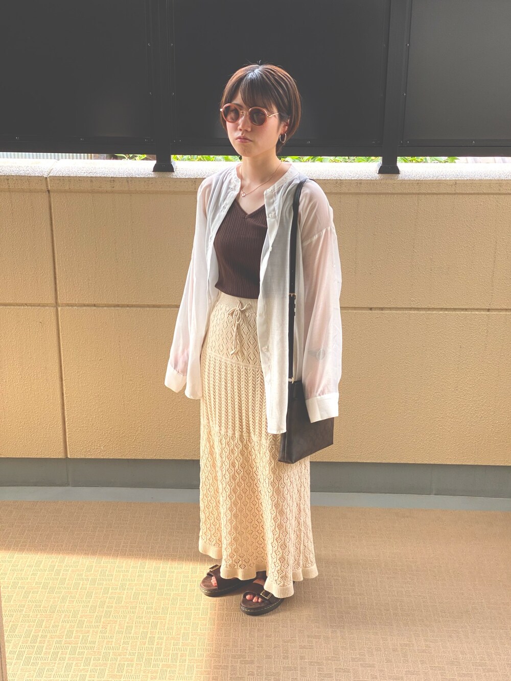 「オトナカジュアル、GU、kutir、COACH、JINS、Klon、Dr.Martens、おしゃれさんと繋がりたい」｜「GUのアイテム（スカート、ベージュ系）」を使った、tomoka☺︎さん（レディース・155cm）の夏コーディネートの1枚目の写真