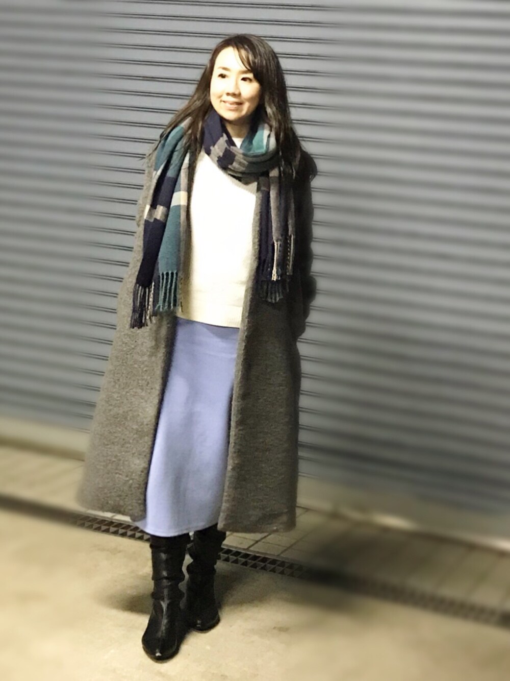 「冬コーデ、プチプラ、低身長、タイトスカート、ペールトーン、春コーデ、撮影コーデ、読者モデル、GU、フレイアイディー」｜「003 J.FERRYのアイテム（ストール/ショール、その他）」を使った、ChitoseImanishiさん（レディース・155cm）の冬コーディネートの1枚目の写真