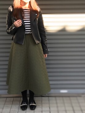 「キルトスカート」｜「アイテム（ライダースジャケット）」を使った、ChitoseImanishiさん（レディース・155cm）の冬コーディネート