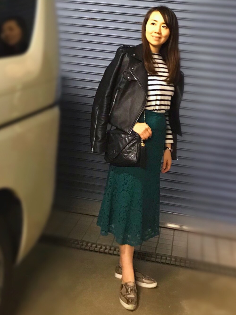 「オトナカジュアル、ユニクロ、レーススカート、プチプラ、春コーデ、ボーダー、休日スタイル、シャネル、ザラ、ママコーデ」｜「CHANELのアイテム（ショルダーバッグ、ブラック系）」を使った、ChitoseImanishiさん（レディース・155cm）の春コーディネートの1枚目の写真