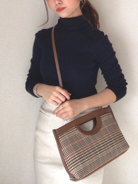 「UNIQLO（ユニクロ）のエクストラファインメリノリブタートルネックセーター（長袖）（ニット/セーター、ブルー系）」を使った、mhywearさん（レディース・157cm）の秋コーディネート