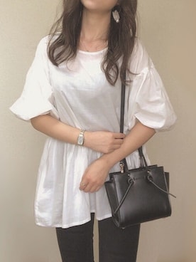 「reca（レカ）のバルーンスリーブフレアブラウス（シャツ/ブラウス、ホワイト系）」を使った、mhywearさん（レディース・157cm）の春コーディネート