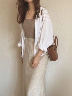 「BASEMENT online（ベースメントオンライン）のベーシックシャツ（シャツ/ブラウス、ホワイト系）」を使った、mhywearさん（レディース・157cm）の春コーディネート
