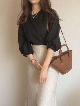 「reca（レカ）のボリュームスリーブカットソー（Tシャツ/カットソー、ブラック系）」を使った、mhywearさん（レディース・157cm）の夏コーディネート