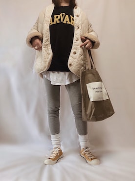 「CANAL JEAN（キャナルジーン）のアイテム（ノーカラージャケット）」を使った、eriiicaさん（レディース・158cm）の冬コーディネート
