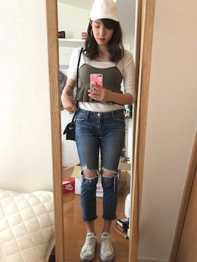 「H&M（エイチ・アンド・エム）のアイテム（帽子、ホワイト系）」を使った、Ayanoさん（レディース・169cm）の夏コーディネート