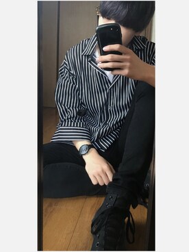 「韓国ファッション #K（カンコクファッションシャープケイ）のアイテム（シャツ/ブラウス、ブラック系）」を使った、M   무외（むら）さん（メンズ・174cm）の夏コーディネート