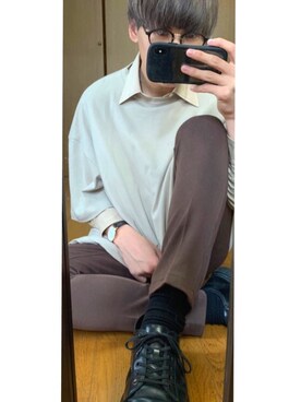「EMMA CLOTHES（エマクローズ）のスーパービッグシルエットカットソー 1/2 sleeve cotton 100%（Tシャツ/カットソー、ベージュ系）」を使った、M   무외（むら）さん（メンズ・174cm）の夏コーディネート