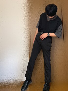 「CASPER JOHN（キャスパージョン）のCASPER JOHN　ディープV配色Tシャツ（Tシャツ/カットソー、ブラック系）」を使った、M   무외（むら）さん（メンズ・174cm）の夏コーディネート