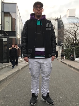 「ナイロンパンツ」｜「アイテム（スタジャン）」を使った、LEFLAHさん（メンズ・174cm）の冬コーディネート