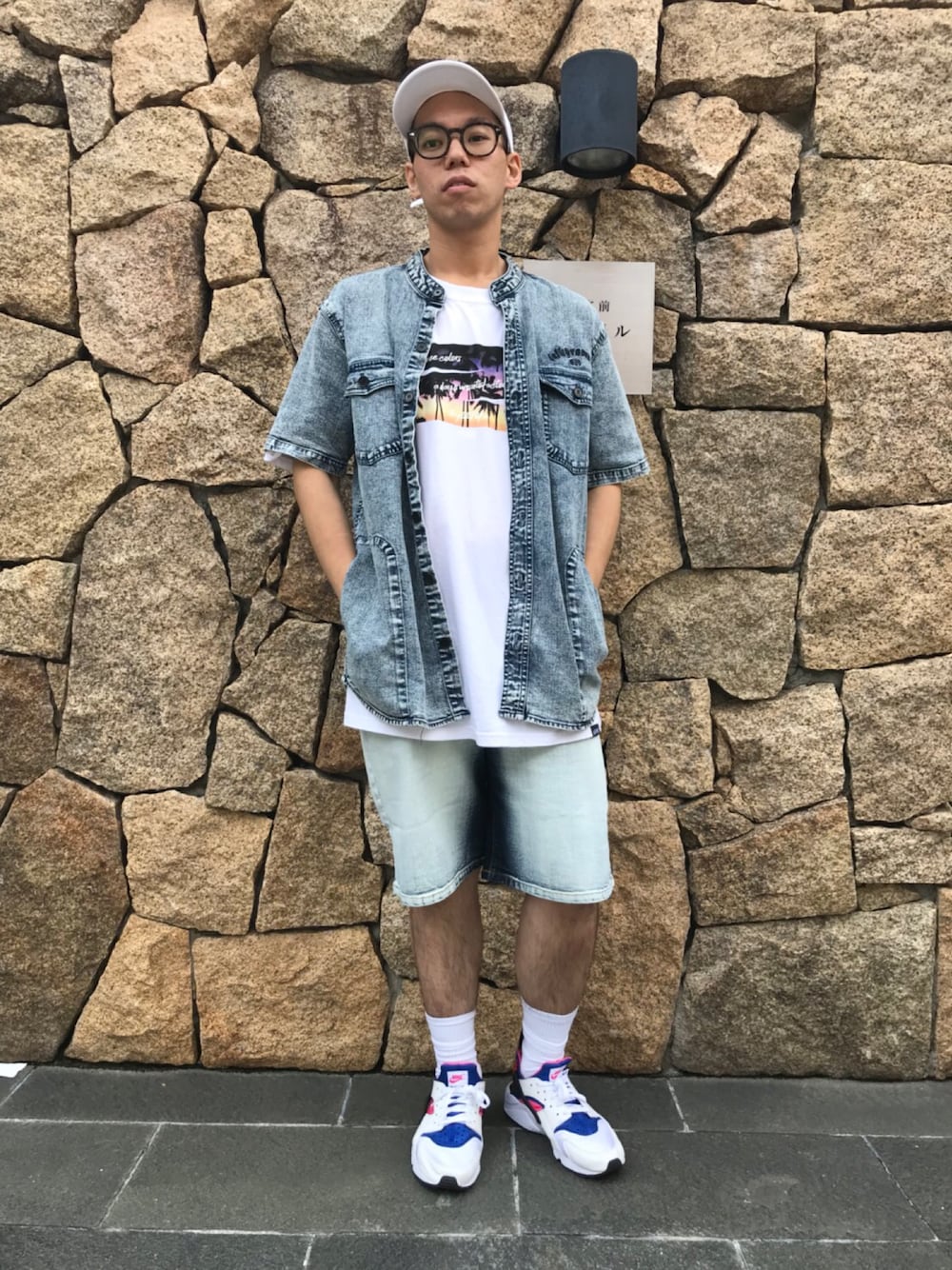 「LEFLAH、レフラー、NIKE、ノーカラーシャツ、Tシャツ、ショートパンツ、セットアップ、ハラチ、原宿、ストリート」｜「LEFLAHのアイテム（キャップ、ホワイト系）」を使った、LEFLAHさん（メンズ・174cm）の夏コーディネートの1枚目の写真