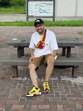 「northface（ノースフェイス）のアイテム（帽子）」を使った、rinosmanさん（メンズ・179cm）の夏コーディネート