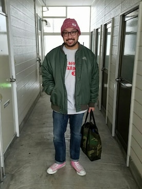 「northface（ノースフェイス）のアイテム」を使った、rinosmanさん（メンズ・179cm）の冬コーディネート