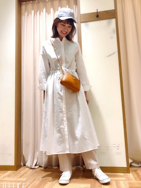 「オールホワイト」｜「アイテム（シャツワンピース）」を使った、Risaさん（レディース・165cm）の春コーディネート