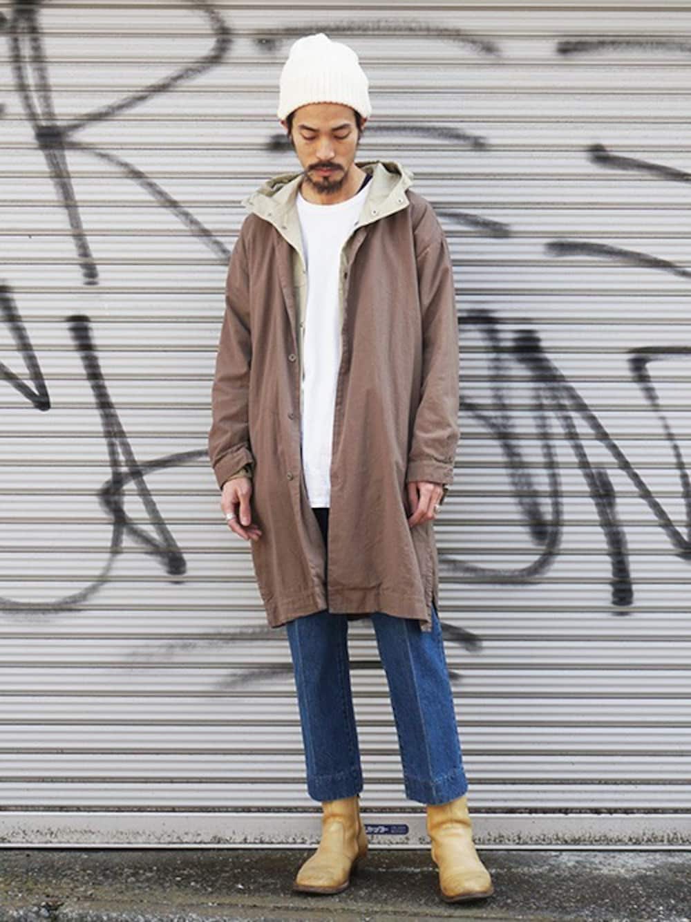 「ロングシャツ、オーバーサイズ、春コーデ、シャツコート、メンズコーデ、marka、ワイドシルエット、メンズアイテム、オーバーサイズシャツ、マーカ」｜「markaのmarka / マーカ：SHIRTS COAT：シャツコート：M18A-07CO03C [COR]（その他アウター、ブラウン系）」を使った、ARKnets STAFFさん（メンズ・175cm）の春コーディネートの1枚目の写真