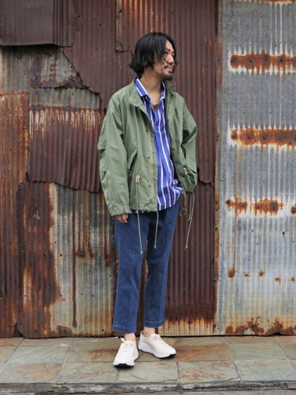 「markaのmarka / マーカ：【予約】MILITARY JACKET：M19A-15BL01C[COR]（ミリタリージャケット、グリーン系）」を使った、ARKnets STAFFさん（メンズ・177cm）の春コーディネートの1枚目の写真