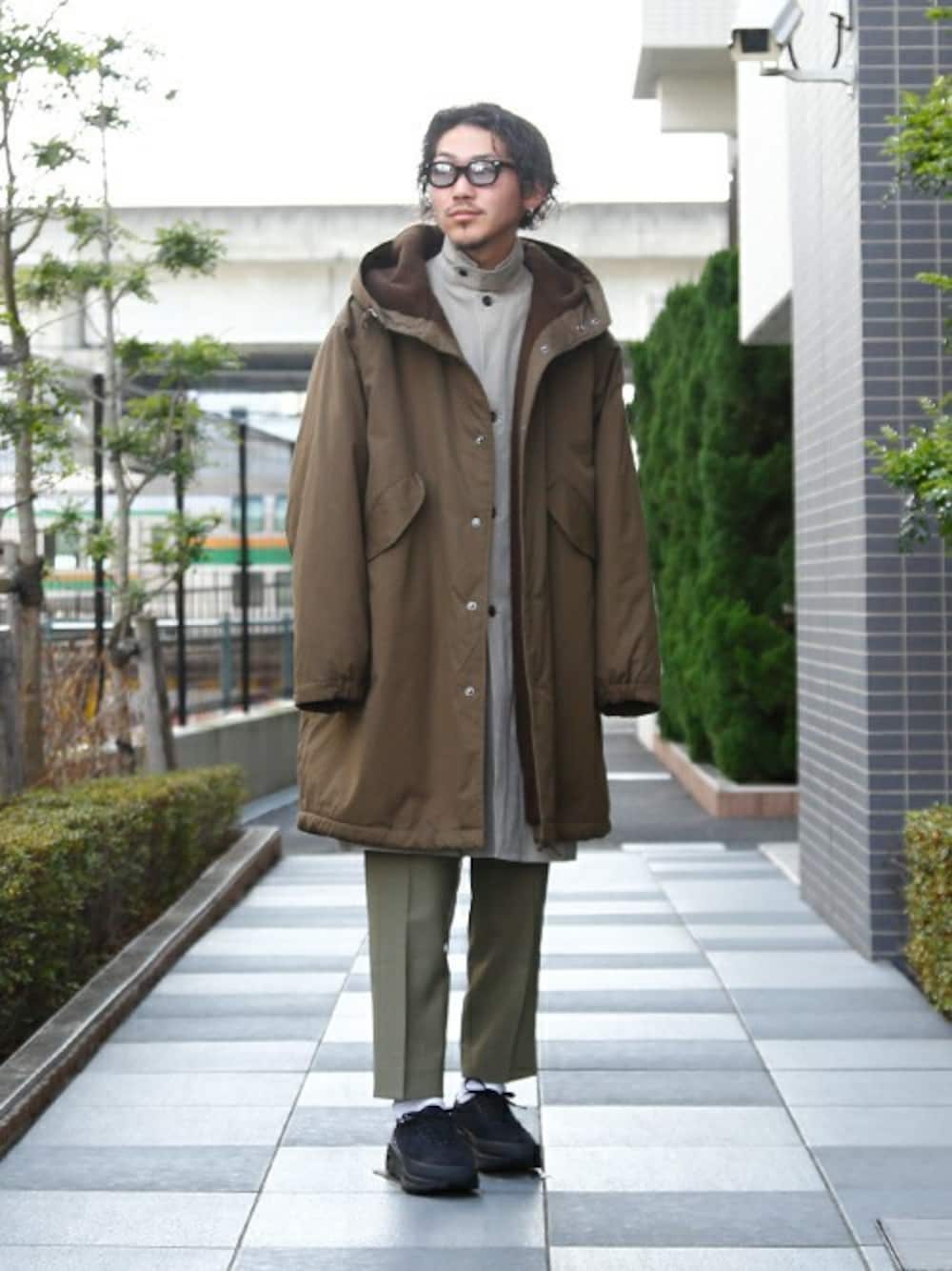 「gold、東洋エンタープライズ、MARKAWARE、marka、ARKnets」｜「GOLDのGOLD / ゴールド：SNOW PARKA W/BOUCLE WOOL KNIT：GL14495[MUS]（モッズコート、グリーン系）」を使った、ARKnets STAFFさん（メンズ・175cm）の冬コーディネートの1枚目の写真