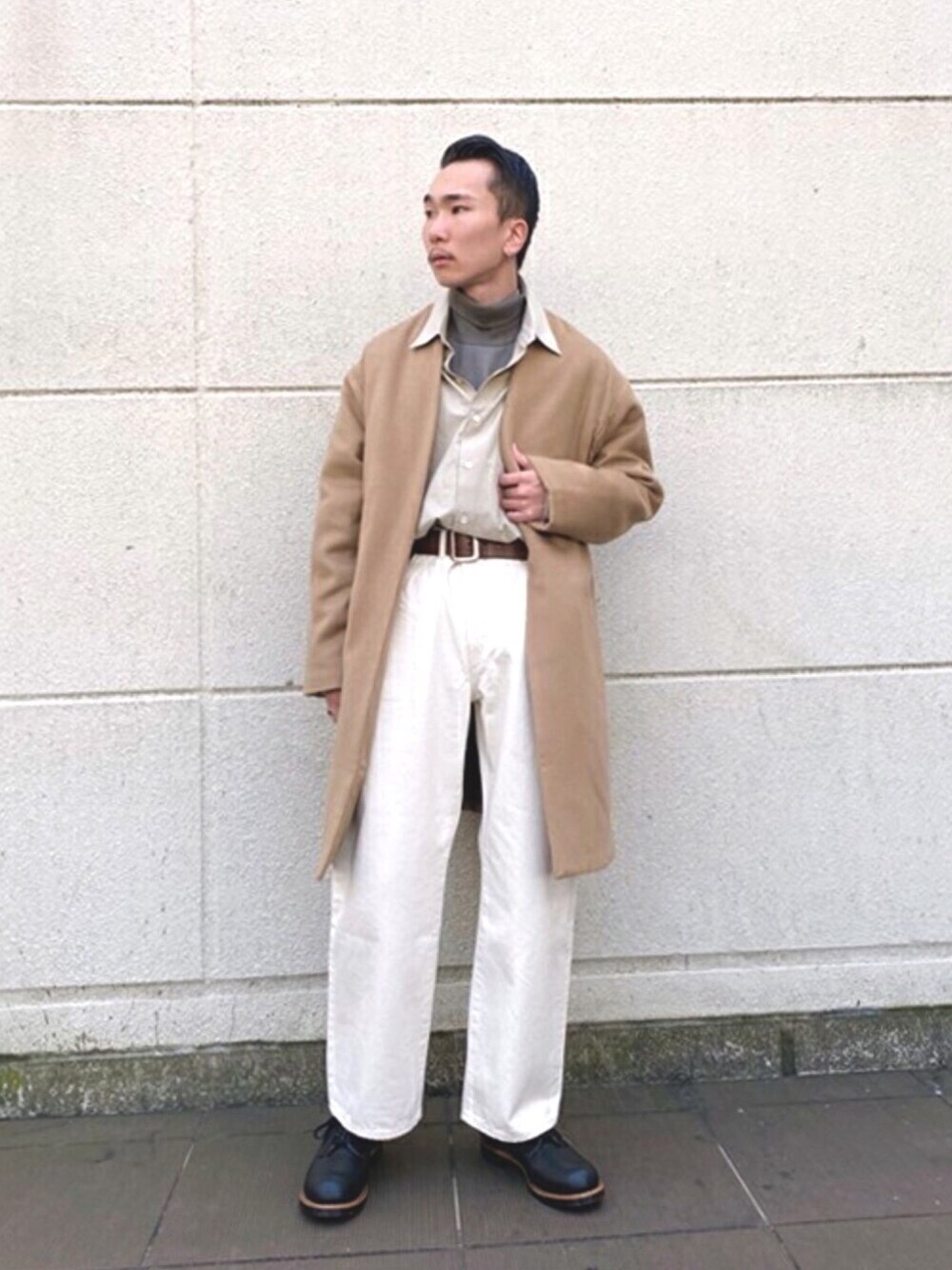 「gold、marka、PORT BY ARK、ARKnets」｜「GOLDのGOLD / ゴールド：WOOL CASHMERE NO COLLAR COAT：GL14491[MUS]（ダウンジャケット/コート、ベージュ系）」を使った、ARKnets STAFFさん（メンズ・171cm）の秋コーディネートの1枚目の写真