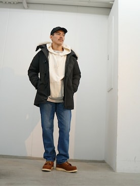 「WP（ダブリューピー）のアイテム（帽子）」を使った、ARKnets STAFFさん（メンズ・172cm）の冬コーディネート