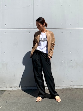 「NCB neat caprice brand（エヌシービーニートカプリスブランド）のアイテム（ライダースジャケット）」を使った、takamoriさん（レディース・158cm）の秋コーディネート