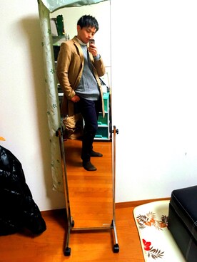 「GU（ジーユー）のアイテム（パンツ、ブラック系）」を使った、ヨシヒコさん（メンズ・174cm）の冬コーディネート