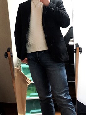 「GU（ジーユー）のアイテム（テーラードジャケット、ブラック系）」を使った、ヨシヒコさん（メンズ・174cm）の冬コーディネート
