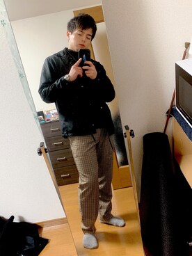 「GU（ジーユー）のアイテム（その他アウター、ブラック系）」を使った、ヨシヒコさん（メンズ・174cm）の秋コーディネート