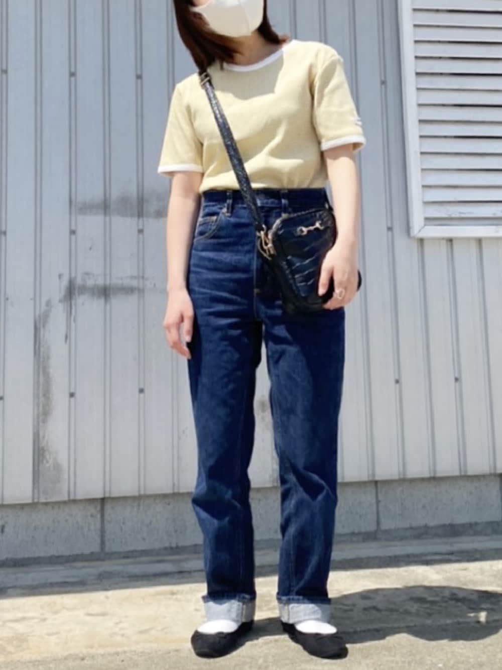 「カジュアルコーデ、シンプル、お洒落さんとつながりたい、低身長コーデ、ボーダー」｜「VANNIE UのハーフボーダーリンガーT（Tシャツ/カットソー、イエロー系）」を使った、yunさん（レディース・145cm）の春コーディネートの1枚目の写真