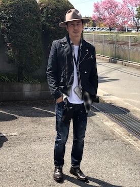 「DSQUARED2（ディースクエアード）のアイテム（ライダースジャケット）」を使った、クロブチさん（メンズ・175cm）の春コーディネート
