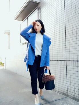 「カラーコート」｜「アイテム（ライダースジャケット）」を使った、彩さん（レディース・158cm）の冬コーディネート