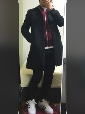 「ワインレッド」｜「アイテム（ステンカラーコート）」を使った、naoさん（メンズ・167cm）の冬コーディネート