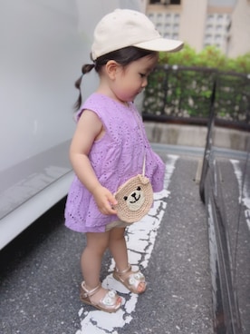 「夏コーデ」｜「アイテム（チュニック、パープル系）」を使った、mamaさん（キッズ・74cm）の夏コーディネート