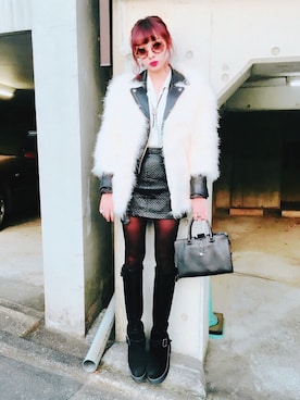 「Acne Studios（アクネストゥディオズ）のアイテム（ライダースジャケット）」を使った、西もなか（FICTION TOKYO）さん（レディース・160cm）の冬コーディネート