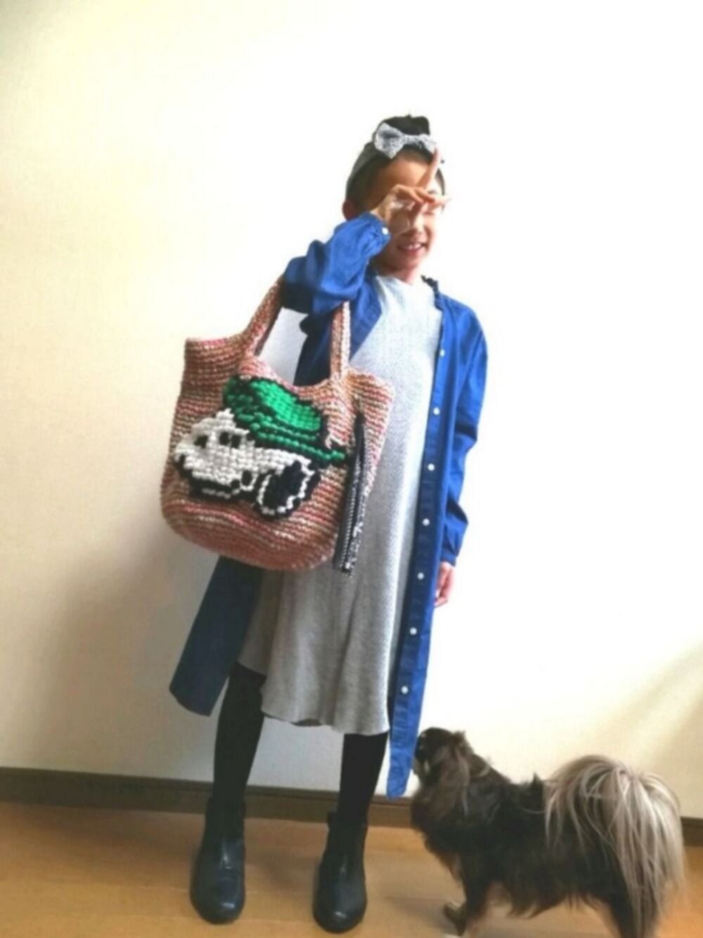 「シャツワンピース、ワンピース、ハンドメイド、ブーツ、カジュアル、キッズコーデ、プチプラ、女の子、小学生」｜「GUのアイテム（ワンピース、グレー系）」を使った、kurukuruさん（キッズ・130cm）の秋コーディネートの1枚目の写真