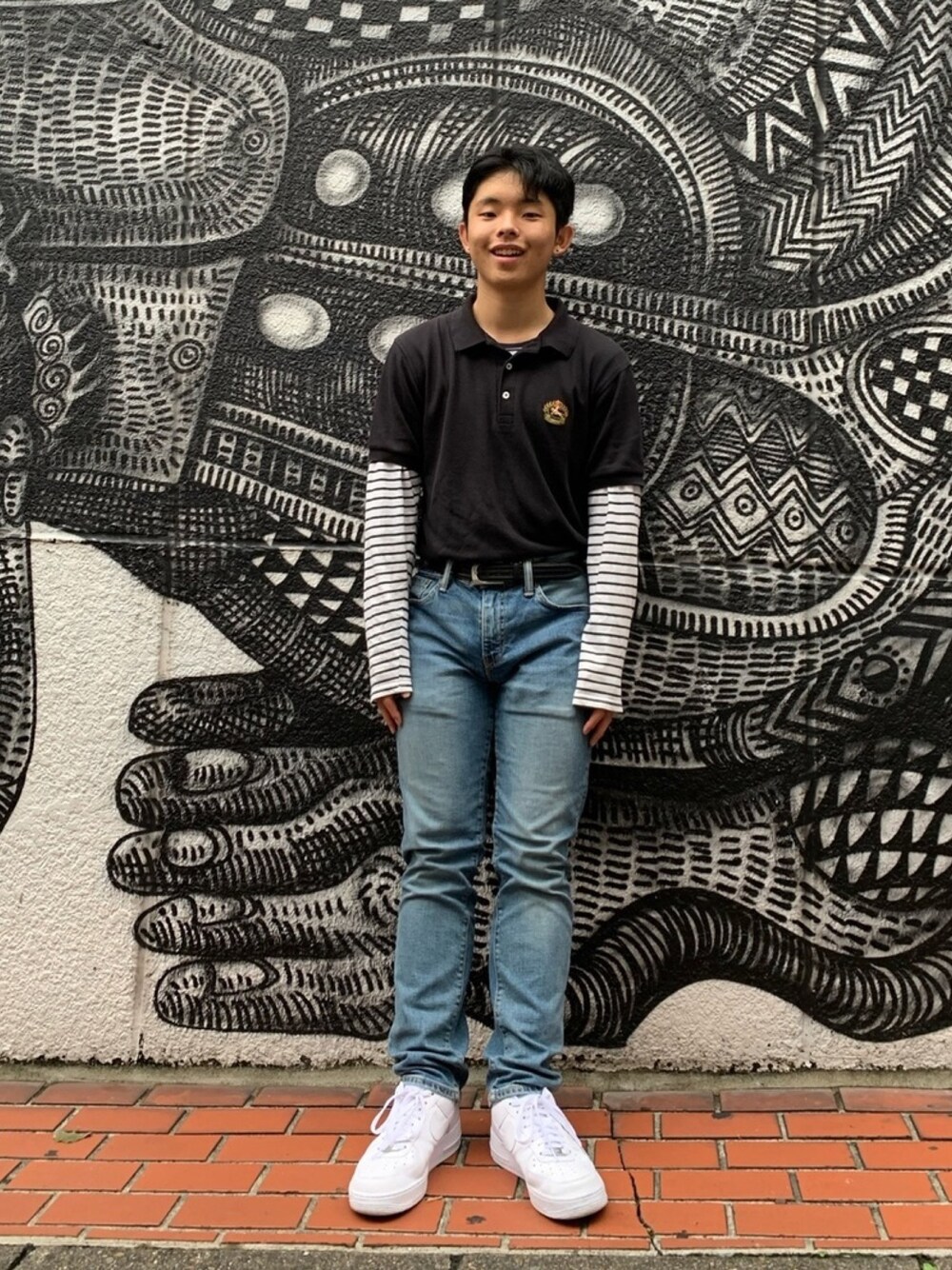 「お洒落さんとつながりたい、秋冬、ストリートMIX、大学生、フォローミー、フォローお願いします、いいね、save、フォローお願いします🤑、いいね返し、自己流」｜「BURBERRYのアイテム（ポロシャツ、ブラック系）」を使った、タカフミさん（メンズ・167cm）の秋コーディネートの1枚目の写真