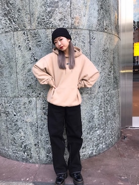 「X-girl（エックスガール）のWIDE TAPERED PANTS（その他パンツ）」を使った、冨永 真依子さん（レディース・151cm）の冬コーディネート