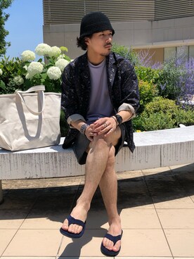 「BEAMS PLUS（ビームスプラス）のアイテム（テーラードジャケット、ブルー系）」を使った、おまつさん（メンズ・176cm）の夏コーディネート